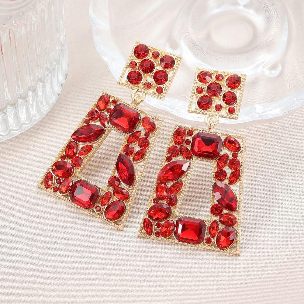 Rhinestone Rectangle Statement Earrings Colorful … - image 6